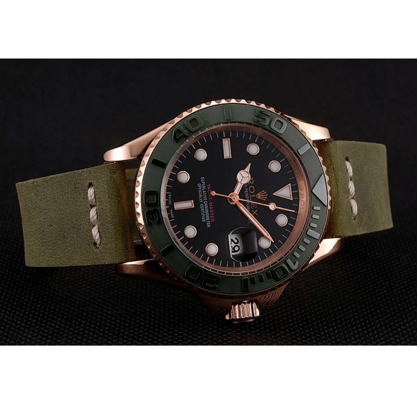 MiroTime 1013 Rolex Yacht Master Black Dial Green Bezel Rose Gold Case Green Leather Bracelet 1453862
